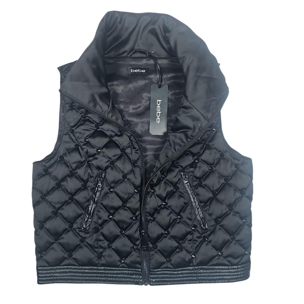 Bebe‎ Quilted Studded Vest Moto Collar Sleeveless Jacket Black Size M Unique NWT